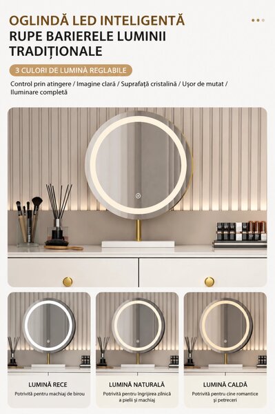 Set VICTORIA GLAM – Set Masă de Machiaj cu Oglindă LED și Taburet, Accente Aurii și Blat cu efect marmură, Alb