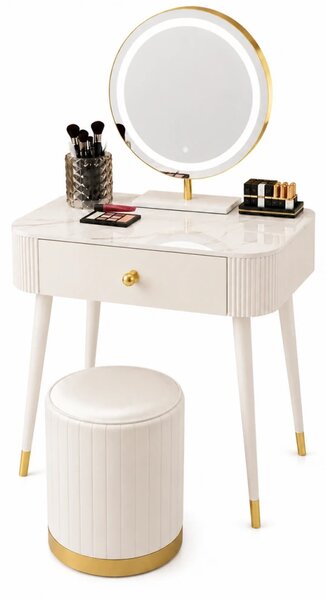 Set VICTORIA GLAM – Set Masă de Machiaj cu Oglindă LED și Taburet, Accente Aurii și Blat cu efect marmură, Alb