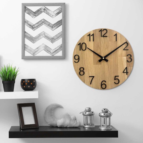 Ceas de perete elegant din stejar masiv - ace negre | RODRA
