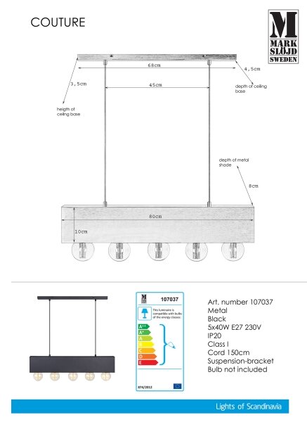 Markslöjd 107037 - Lustră pe cablu COUTURE 5xE27/40W/230V negru