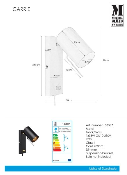 Markslöjd 106587 - Dimmabil aplică perete CARRIE 1xGU10/35W/230V negru