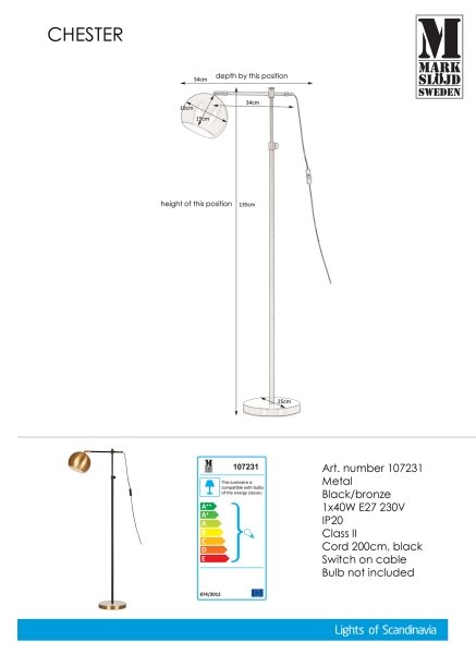 Markslöjd 107231 - Lampadar CHESTER 1xE27/40W/230V negru/bronz