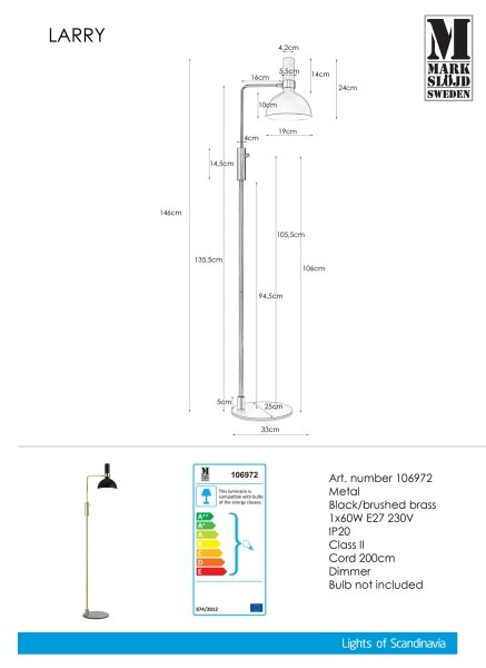 Markslöjd 106972 - Lampadar dimmabil LARRY 1xE27/60W/230V negru/auriu