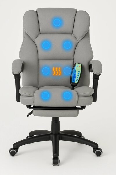 RESIGILAT- Scaun directorial, Masaj si Incalzire in 7 puncte, spatar rabatabil, suport pentru picioare, material textil premium, Gri