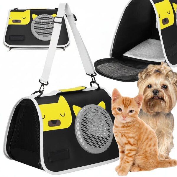 Geanta pliabila transport animale de companie 24x40x24 cm, negru – pentru pisici si câini de talie mica, bine ventilata, cu baza rigida