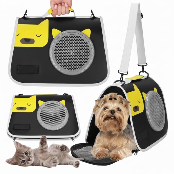 Geanta pliabila transport animale de companie 24x40x24 cm, negru – pentru pisici si câini de talie mica, bine ventilata, cu baza rigida