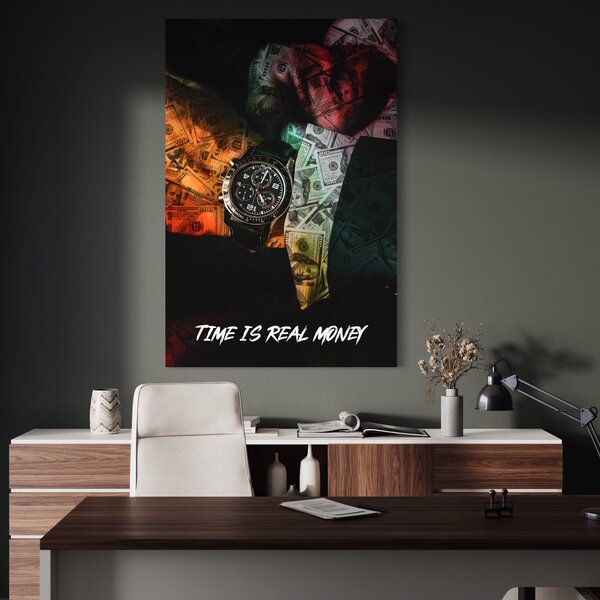 Tablou Canvas Premium LuxCanva® A1121, Time Is Money , Ceas, Timp, Cash, Motivational, Culori Vibrante