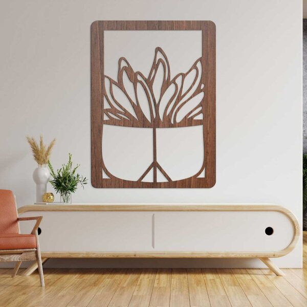 Pictură murală din lemn - Plantă în ghiveci | Sculptură modernă în lemn pentru interior - GEERA