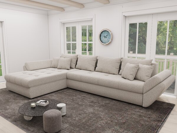Colțar extensibil dumonde cu ladă de depozitare si sezut confortabil din spuma high-density, Loana XL Monte Bej 335x185 cm