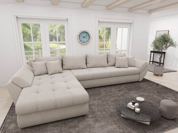 Colțar extensibil dumonde cu ladă de depozitare si sezut confortabil din spuma high-density, Loana XL Monte Bej 335x185 cm
