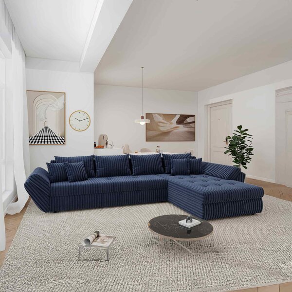 Colțar extensibil dumonde cu ladă de depozitare si sezut confortabil din spuma high-density, Loana XL Tilia Albastru II 335x185 cm