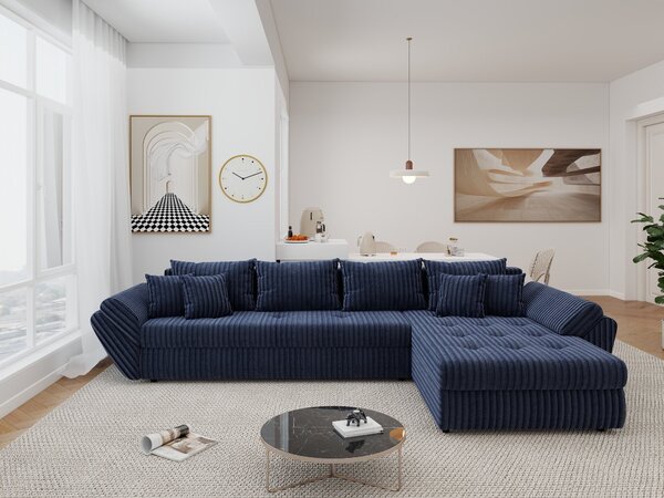 Colțar extensibil dumonde cu ladă de depozitare si sezut confortabil din spuma high-density, Loana XL Tilia Albastru II 335x185 cm