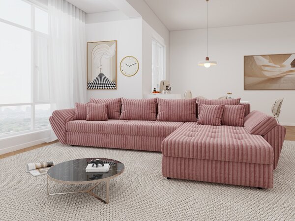 Colțar extensibil dumonde cu ladă de depozitare si sezut confortabil din spuma high-density, Loana XL Tilia Roz Pudrat II 335x185 cm