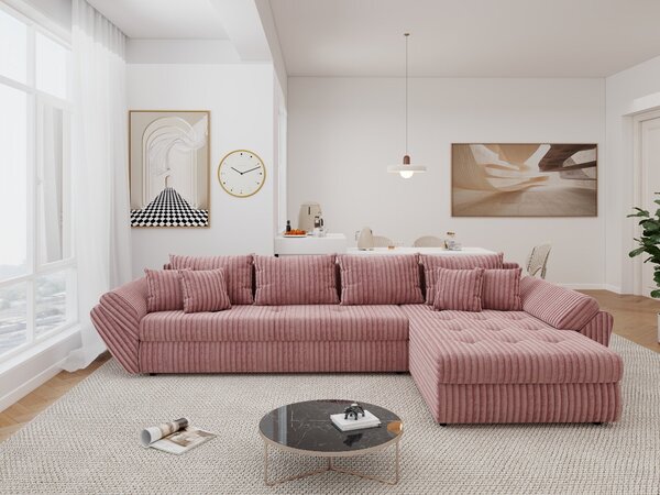 Colțar extensibil dumonde cu ladă de depozitare si sezut confortabil din spuma high-density, Loana XL Tilia Roz Pudrat II 335x185 cm