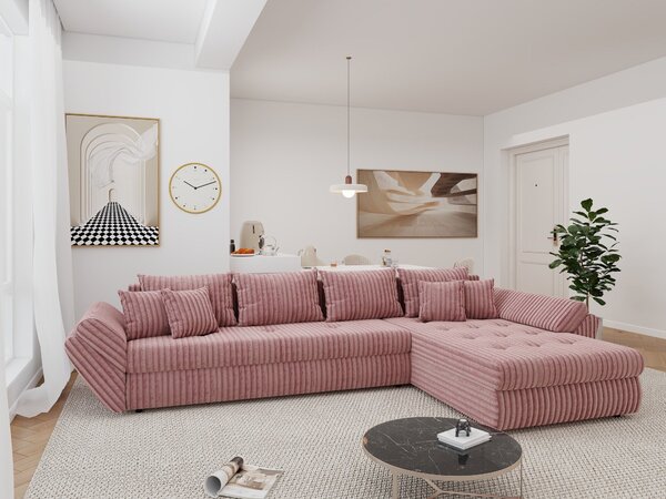 Colțar extensibil dumonde cu ladă de depozitare si sezut confortabil din spuma high-density, Loana XL Tilia Roz Pudrat II 335x185 cm