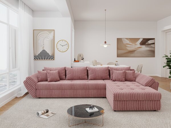 Colțar extensibil dumonde cu ladă de depozitare si sezut confortabil din spuma high-density, Loana XL Tilia Roz Pudrat II 335x185 cm