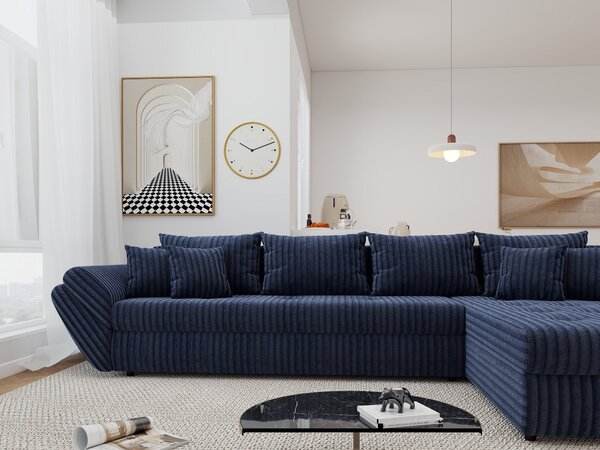Colțar extensibil dumonde cu ladă de depozitare si sezut confortabil din spuma high-density, Loana XL Tilia Albastru II 335x185 cm