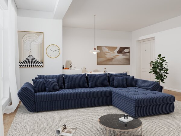 Colțar extensibil dumonde cu ladă de depozitare si sezut confortabil din spuma high-density, Loana XL Tilia Albastru II 335x185 cm