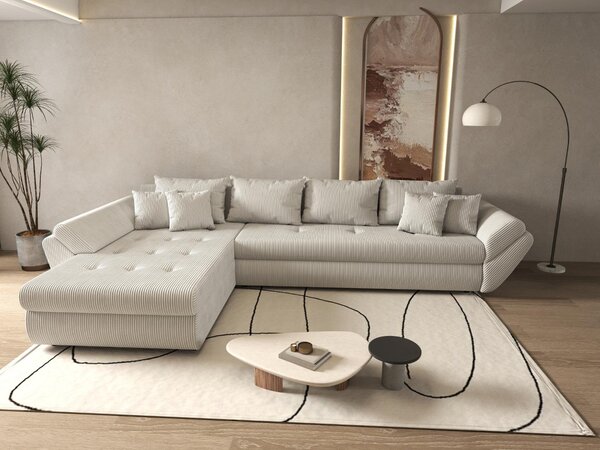 Colțar extensibil dumonde cu ladă de depozitare si sezut confortabil din spuma high-density, Loana XL Zoom Cream 335x185 cm
