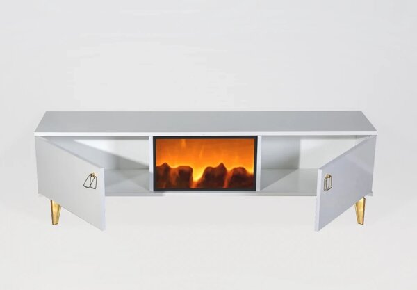 RESIGILAT- Comoda TV cu șemineu electric, Alb/Auriu, 160x35x47 cm
