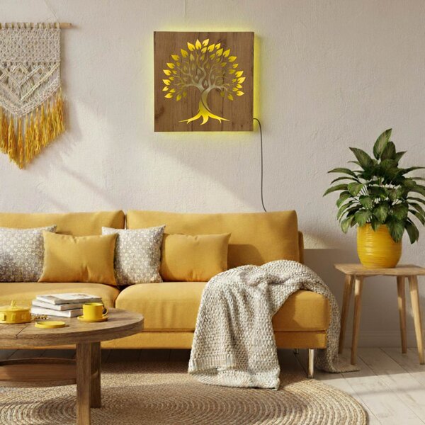 Tablou din lemn cu iluminare din spate „Arborele Vieții” decorațiune de perete cu LED | BAKE