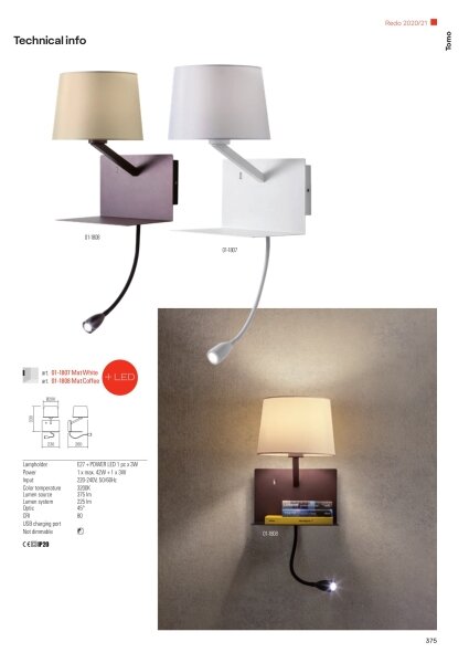 Redo 01-1807 - Aplică LED de perete TOMO 1xE27/42W/230V+LED/3W