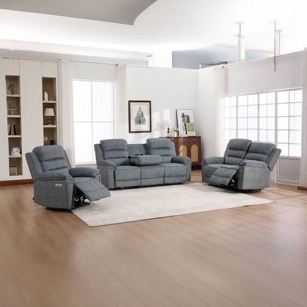 Set canapea dumonde 3+2+1, reclinere electrice, incarcare wireless, priza, masuta, suport pahare Sorren