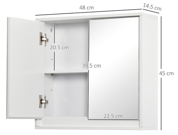 HOMCOM Dulap de baie cu 2 usi, oglinda baie dulap cu raft reglabil din lemn MDF 48x14.5x45cm alb