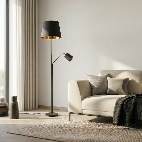 Lindby lampadar Efalia, negru / auriu, textile, lumină de lectură, Negru, Camera de zi / sufragerie, Metal, Modern