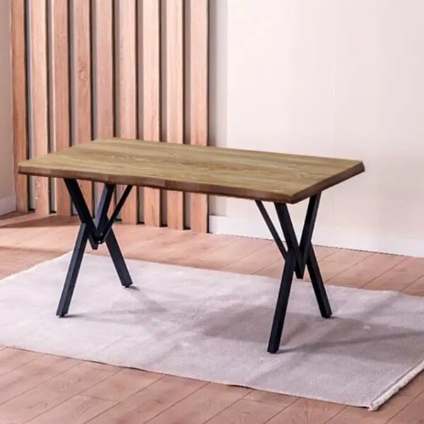 Set Masa Barton din MDF cu 6 Scaune din metal, culaore nuc si crem, 140 cm