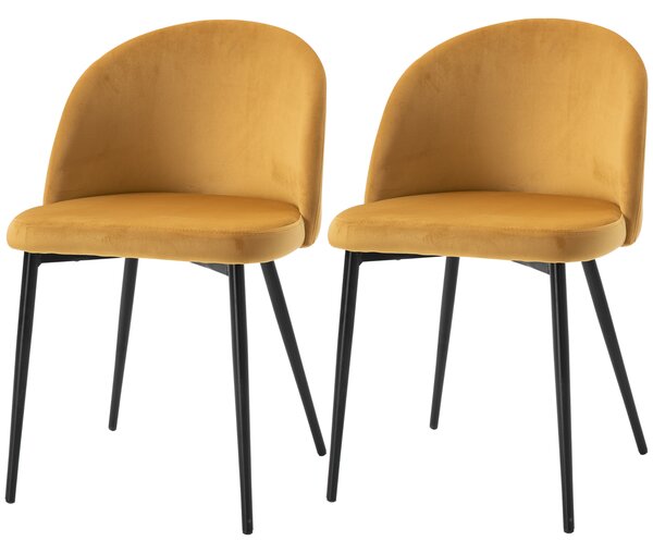 HOMCOM Set de 2 scaune pentru sufragerie, scaune pentru bucatarie tapitate cu catifea cu picioare din metal, scaune pentru birou si sufragerie, 49x50x77cm, galben
