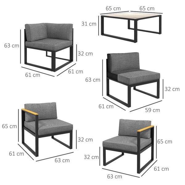 Outsunny Set de Mobilier de Grădină din 6 Piese, Set de Exterior cu Masă și Canapea cu cadru din Aluminiu cu Cotiere, 65x65x31 cm, Gri | Aosom Romania