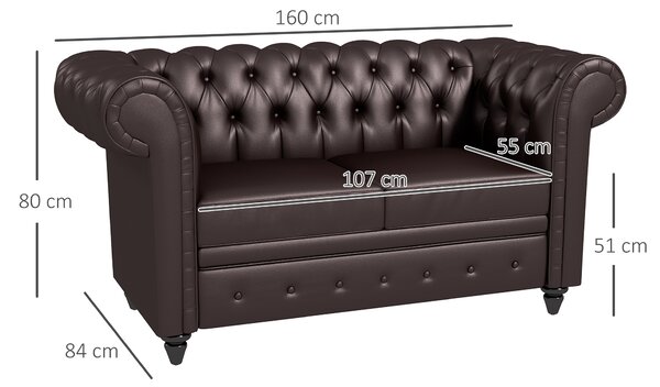 HOMCOM Canapea cu 2 locuri in stil Chesterfield din piele ecologica, lemn si metal, canapea clasica cu perna detasabila, 160x84x80 cm, maro