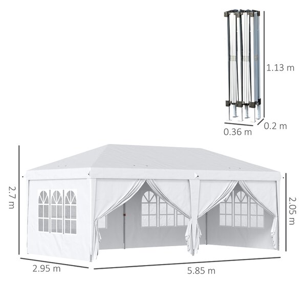 Outsunny Cort 6x3 m pliabil din otel si material Oxford, cort pentru gradina cu 6 pereti laterali, franghii si carlige, alb