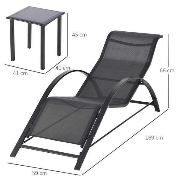 Outsunny Set 2 sezlonguri si masuta cu blat din sticla, sezlong pentru gradina din material respirabil si metal, 59x169x66 cm, negru