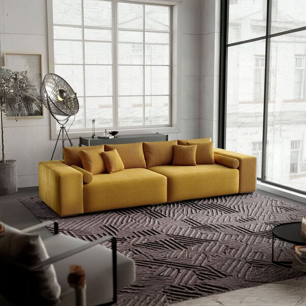 Canapea extensibilă dumonde cu ladă de depozitare si sezut confortabil din spuma high-density, Marbela Zoom Mustar XXL 295x120 cm
