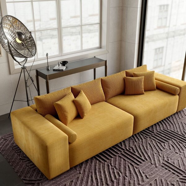 Canapea extensibilă dumonde cu ladă de depozitare si sezut confortabil din spuma high-density, Marbela Zoom Mustar XXL 295x120 cm