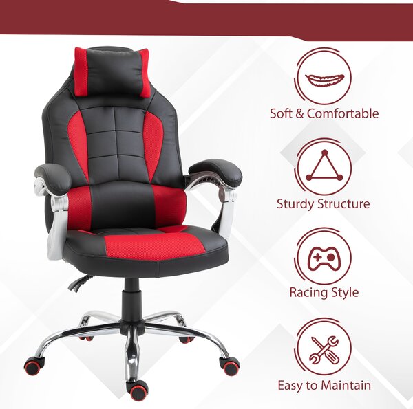 HOMCOM Scaun Gaming Ergonomic cu Inclinare Suport Lombar Tetieră Piele Ecologică Roșu Negru | Aosom Romania