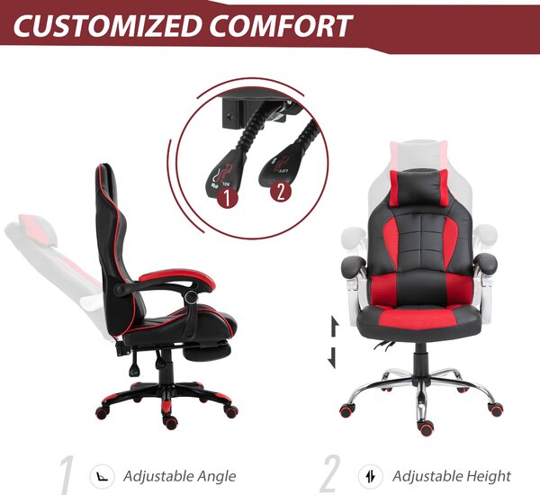 HOMCOM Scaun Gaming Ergonomic cu Inclinare Suport Lombar Tetieră Piele Ecologică Roșu Negru | Aosom Romania