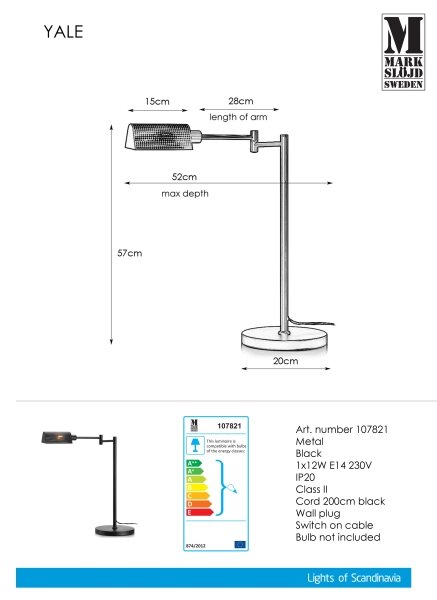 Markslöjd 107821 - Lampă de masă YALE 1xE14/12W/230V