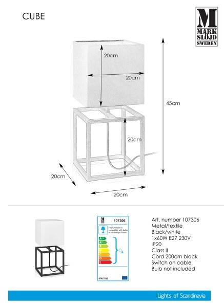 Markslöjd 107306 - Lampă de masă CUBE 1xE27/60W/230V