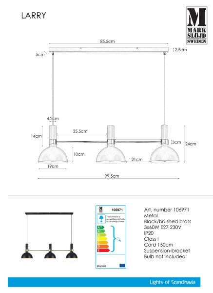 Markslöjd 106971 - Lustră pe cablu LARRY 3xE27/60W/230V negru/auriu