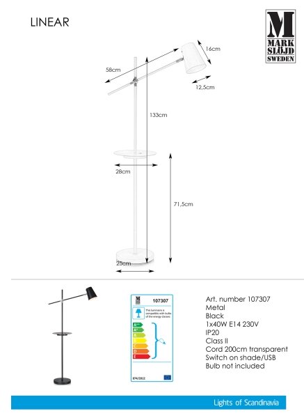 Markslöjd 107307 - Lampadar cu USB LINEAR 1xE14/40W/230V