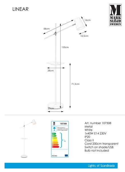 Markslöjd 107308 - Lampadar cu USB LINEAR 1xE14/40W/230V