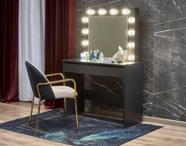 Masa de toaleta Hollywood, negru, iluminare led, oglinda, 94x43x140 cm