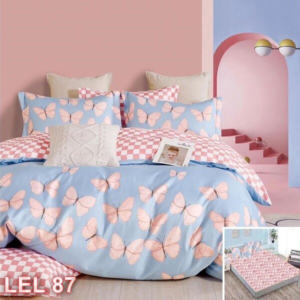 Lenjerie de pat, 2 persoane, finet, 6 piese, cu elastic, roz si bleu, cu fluturasi LEL87
