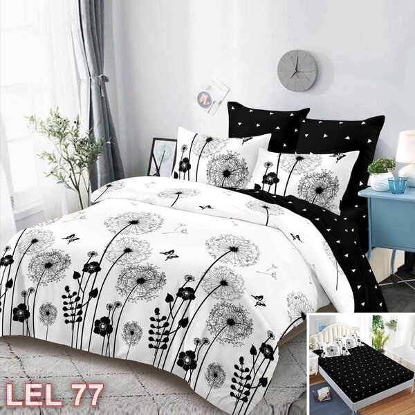 Lenjerie de pat, 2 persoane, finet, 6 piese, cu elastic, alb , cu papadii negre LEL77