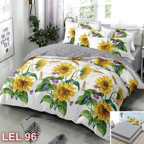 Lenjerie de pat, 2 persoane, finet, 6 piese, cu elastic, alb si gri, cu floarea soarelui LEL96