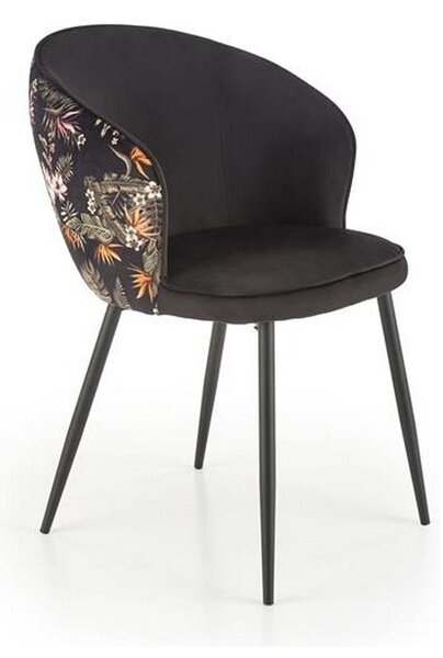 Scaun tapitat K506, negru, cu imprimeu floral, stofa catifelata, 55x60x82 cm