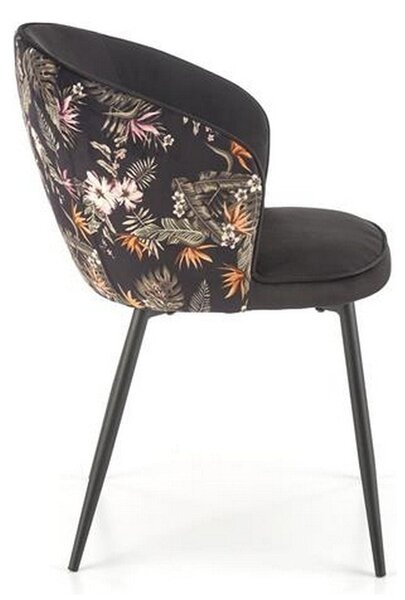 Scaun tapitat K506, negru, cu imprimeu floral, stofa catifelata, 55x60x82 cm